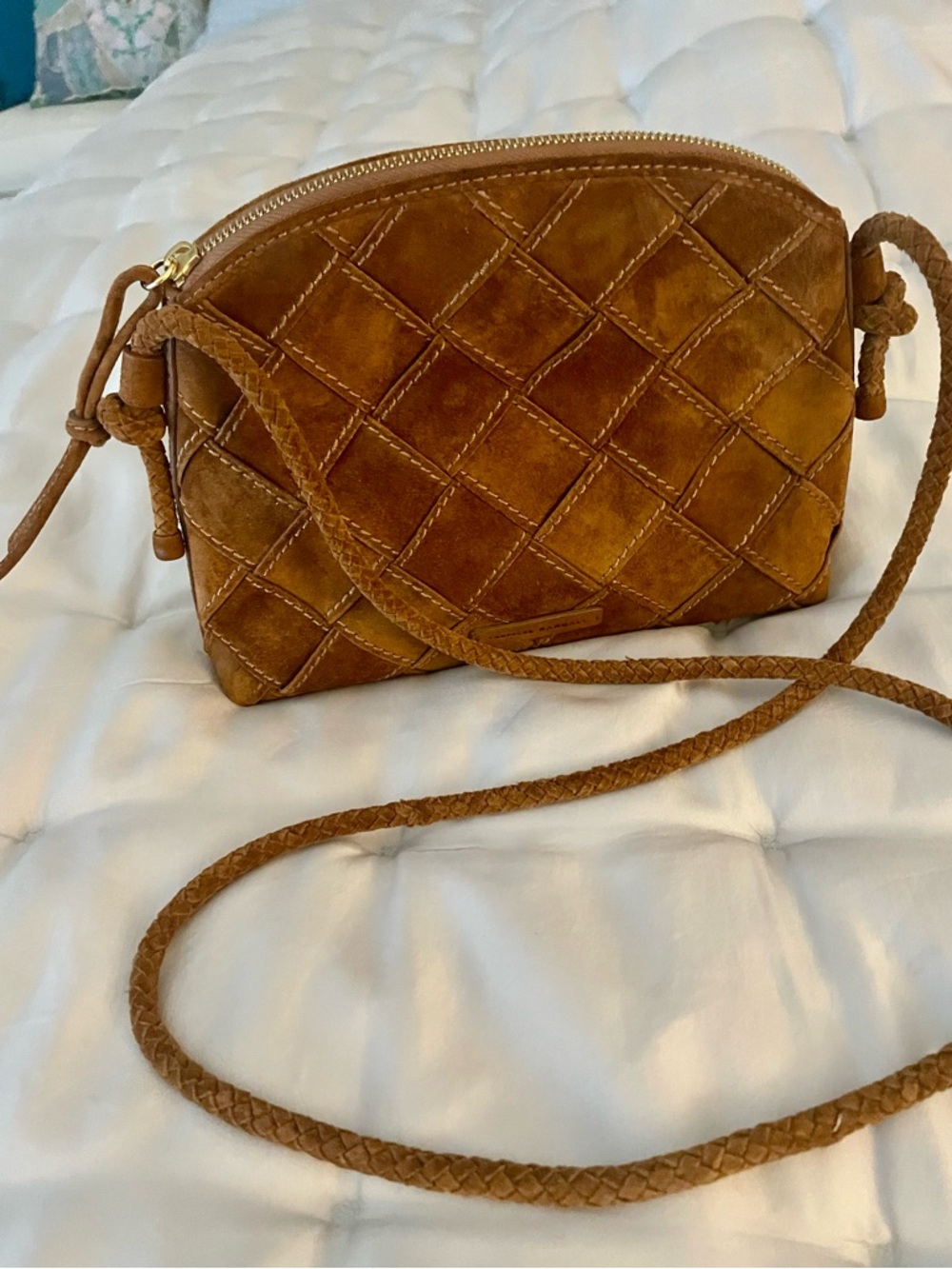 Loeffler Randall Quilted Suede Crossbody Bag in Cognac Brown